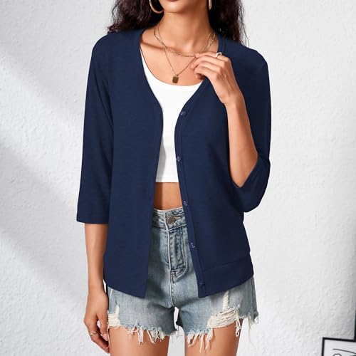 3/4 Sleeve Cardigan for Women Lightweight Button Down Cardigan Knit Shrugs Sweater Tops3