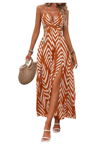Image of SOLY HUX Women's Tie Backless Cut Out Halter Dress Deep V Neck High Split Long Flowy Dresses