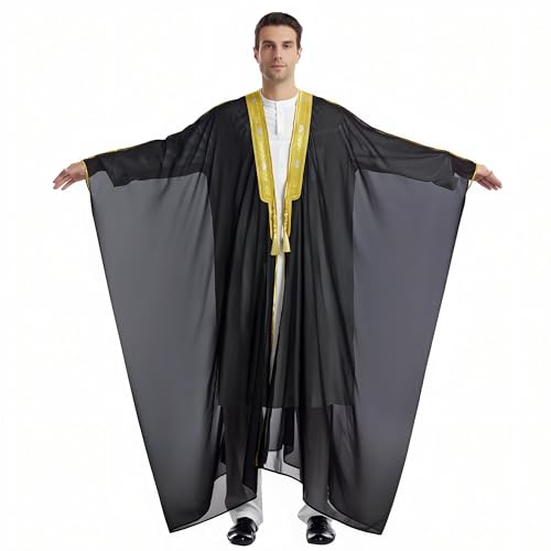 Musuly Herren Kaftan – Traditionelle Thobe Abaya Djellaba (Schwarz und Gelbgold, XL)