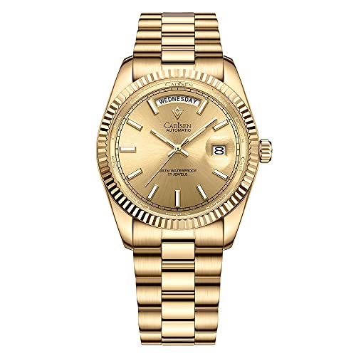 CADISEN メンズ 自動腕時計 サファイア ラグジュアリー 機械式 腕時計 ステンレススチール 防水 腕時計 カジュアル オマージュ, 8215 ALL GOLD, 高級感
