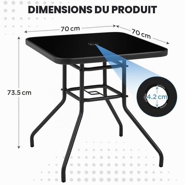 Yaheetech Table de Jardin Ronde en Verre et Métal avec Trou pour Parasol 70 cm x 70 cm Noir