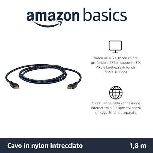 Amazon Basics Cavo HDMI a HDMI intrecciato, 1.8 m, Nero - Immagine 1