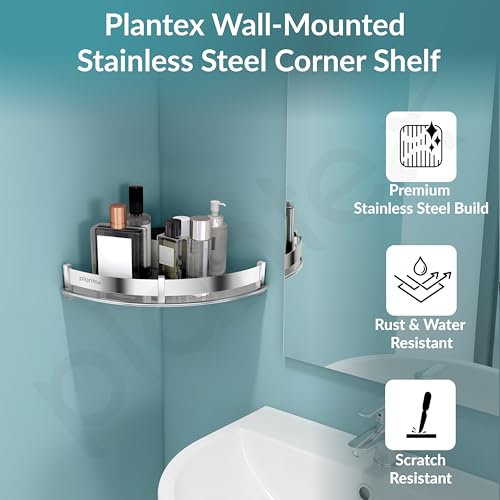 Image of Plantex Corner Shelf for Bathroom Wall /Stainless Steel Bathroom Shelf /Side Corner Shelf /Bathroom Storage Organizer (12x12 inches, Chrome)