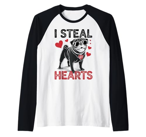 67 San Valentín Seis Siete Pug Negro 6 7 Robo Corazones Camiseta Manga Raglan
