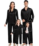 SWOMOG Pajamas Sets Silk Long Sleeve Sleepwear Soft Button Down Loungewear Pjs Set Black