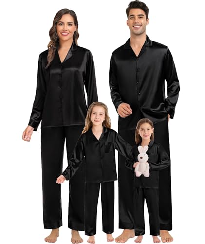 SWOMOG Pajamas Sets Silk Long Sleeve Sleepwear Soft Button Down Loungewear Pjs Set Black