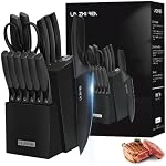 Ensemble de couteaux, 15 Pièces Kitchen Knife Sets avec bloc, Aiguisseur intégré, Lave-vaisselle sans danger, Poignée ergonomique, Cnife Block Set pour l'étuvage, le givrage, le dégivrage & Coupe, noir