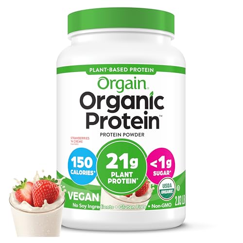 Orgain Organic Vegan Protein Powder, Strawberries & Cream - 21g Plant Based Protein, 4g Prebiotic Fiber, Low Net Carb, No Lactose Ingredients, No Added Sugar, Non-GMO, For Shakes & Smoothies, 2.03 lb