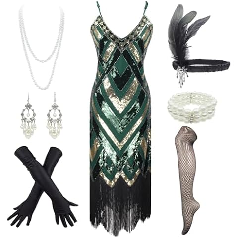 Fancy Clothing Women 1920s Gatsby Cocktail Sequin Art Deco Flapper Dress (Blue, Medium) (XX-Large, Gold&Green) Cover