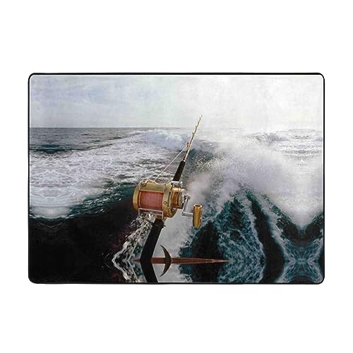 ESASAM Tappeto in flanella di alta qualità con stampa canna da pesca, morbido e resistente, ideale per soggiorno, ufficio e altro ancora, 203 x 137 cm