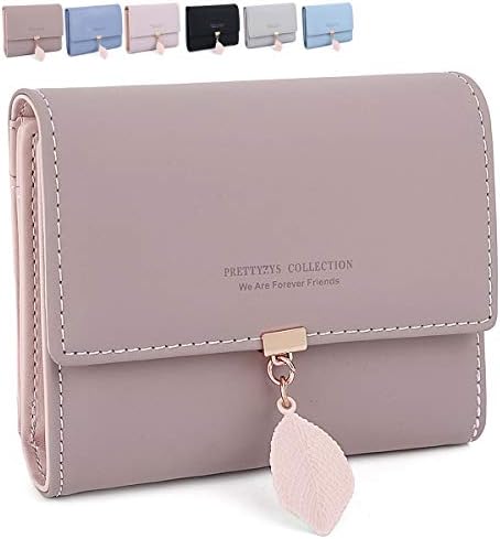 ZhengYue Ladies Purse,PU Leather Wallet for Women RFID-Blocking, Ladies Bifold Leaf Pendant Coin Zipper Small Purse with 5 Card Slots and 1 ID Window Card Holder Organizer Pale Mauve
