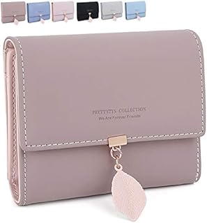 ZhengYue Ladies Purse,PU Leather Wallet for Women RFID-Blocking, Ladies Bifold Leaf Pendant Coin Zipper Small Purse with 5 Card Slots and 1 ID Window Card Holder Organizer Pale Mauve