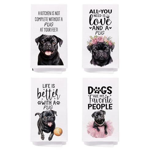 SPBL&L Black Pug Gifts for Women,Black Pug Dog Decor Kitchen Towels Set of 4, Decorative Hand Tea Dish Towels for Bathroom, 16x24 Inches