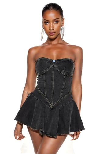 Women's Strapless Denim Dress Sexy Off Shoulder Corset Tube Pleated A Line Summer Mini Jean Dresses Clubwear3