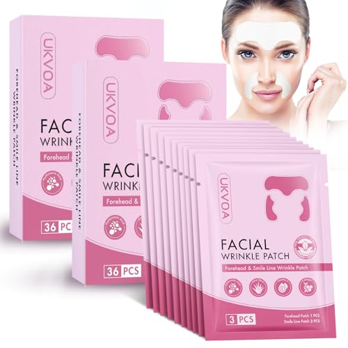 UKVOA Forehead Wrinkle Patches & Smile Line Patches, Overnight Facial Wrinkle Treatment with Hyaluronic Acid, Aloe, Collagen & Vitamin E to Lift Smile Lines for Women 72pcs
