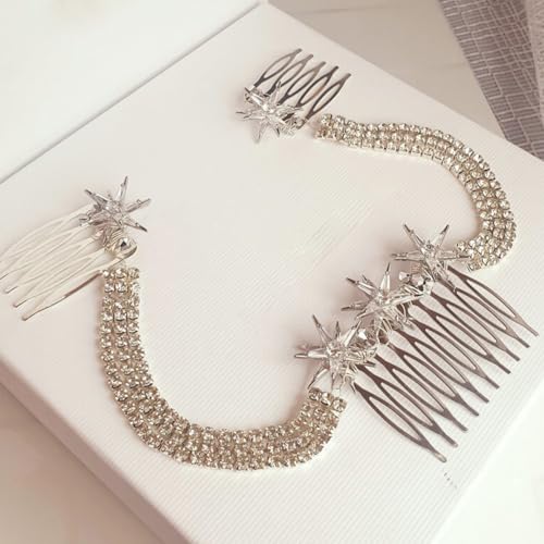 Pentes de cabelo de cristal com corrente de cabeça com strass brilhante, presilhas de cabelo para mu