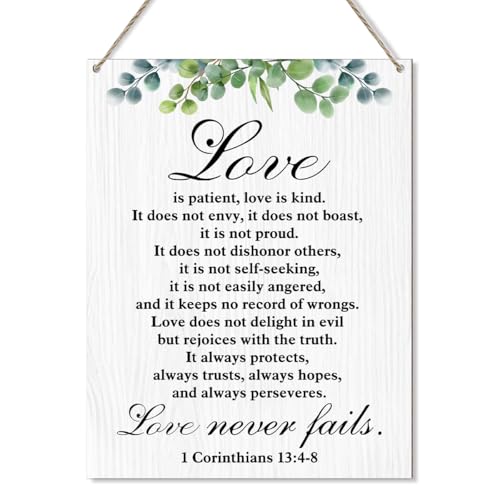 Christian Wedding Wooden Plaque Wall Decor, Love is Patient Religious Gifts for Couples Wife Husband, 1 Corinthians 13 Wall Art Bible Verse Decorations for Home Wall Decor Wood Hanging Sign - Y306