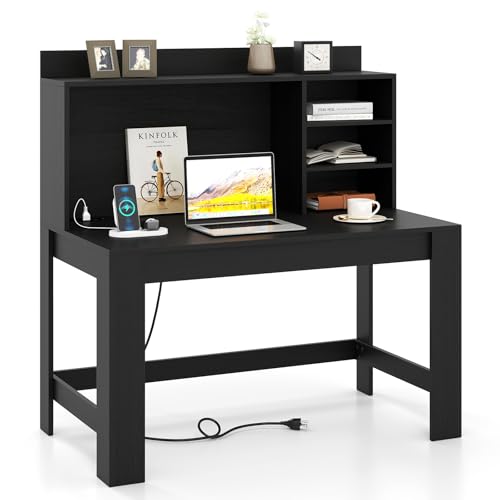 Giantex Computer Desk with Hutch, Modern Home Office Desk with Power Outlets, Storage Shelves & Cable Hole, Makeup Vanity Table, Study Writing Desk for Bedroom Office Small Space (Black)