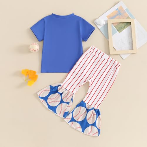 BULINGNA 2Pcs Toddler Baby Girl Summer Baseball Outfit Set Short Sleeve Baseball Sis T-Shirt Top and Striped Flare Pants4