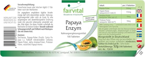 fairvital Papaya Enzym Tabletten, 100 Tabletten, schluckfreundlich, HOCHDOSIERT, VEGAN, mit Papain, Amylase und Protease