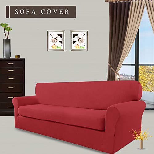 Image of Easy-Going 2 Pieces Stretch Oversized Couch Sofa Slipcover Washable | Spandex Soft Fitted Sofa Couch Cover for Sofa Furniture Protector with Bottom Kids,Pet Dog Christmas Red
