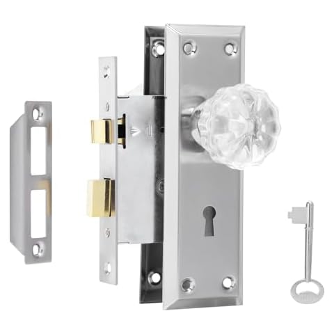 AKRILANE Mortise Lock Set Interior Door Antique & Vintage Style Knob with Keys - Crystal Chrome Cover