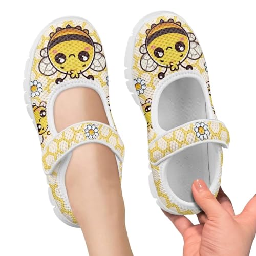 JoyLamoria Cartoon Bee PRNT Girl’s Breathable Walking Shoes Toddler Girls Mary Jane Sneakers Adjustable School Uniform Shoes Lightweight Flat Shoes3