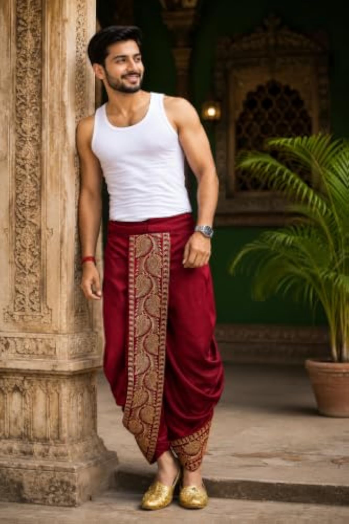 Dhoti Pant with Red Ethnic Border for Festive Wear