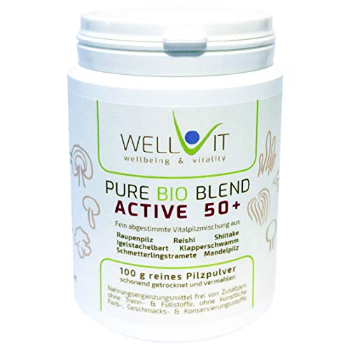 Pure Bio Blend Active 50+ 100g miscela di funghi medicinali da Cordyceps Hericium erinaceus Reishi Agaricus blazei Grifola frondosa Shiitake agricoltura biologica dell'UE, senza additivi