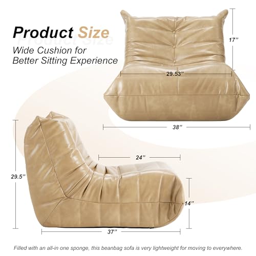 Image of Hobestluk Giant Bean Bag Chair Lazy Floor Sofa, Memory Foam Fireside Sofa for Adults, Big Beanbag Faux Leather Armless Chair for Living Room Bedroom Dorm Office (Khaki, Single)