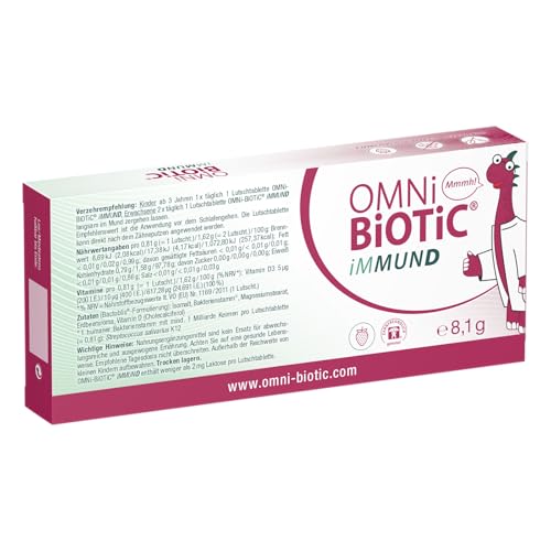 OMNi BiOTiC iMMUND | 10 Lutschtabletten | 1 Bakterienstamm | 1 Mrd Keime pro Lutschtablette | Mit Vitamin D | Vegetarisch | Zuckerfrei | Zur täglichen Anwendung | Auch für Kinder | Erdbeergeschmack