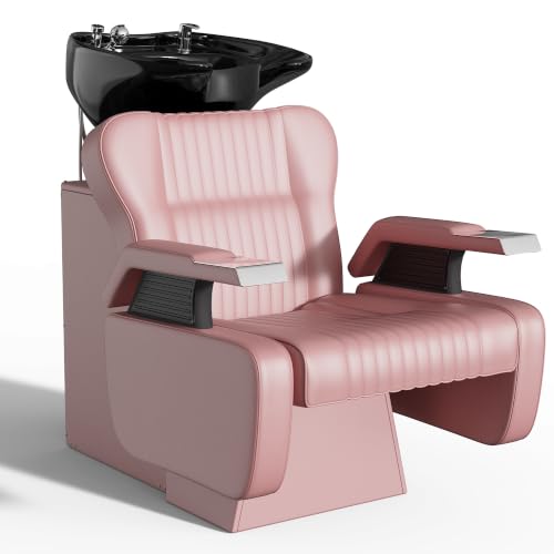 Image of KIGOTY Hair Washing Station,Salon Shampoo Backwash Units for Hairdressing | Pink-Black,Backwash Shampoo Sink Chair,Adjustable Ceramic Bowl, Shampoo Bowl Sink,PU Leather