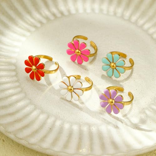 Enamel Daisy Flower Statement Ring for Women Stainless Steel Cute Expandable Adjustable Sunflower Floral Open Finger Rings Wedding Engagement Promise Bands Fashion Birthday Jewelry Gifts Mother's Day4
