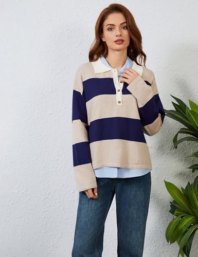 Image of Womens Striped Sweater Rugby Polo Shirts Y2k Collar Pullover Tops | Rugby Shirt,Long Sleeve Knit Top,Lapel V Neck Jumper,Oversized,Casual Outings Streetwear,Preppy Sweater,Fall Winter Clothes