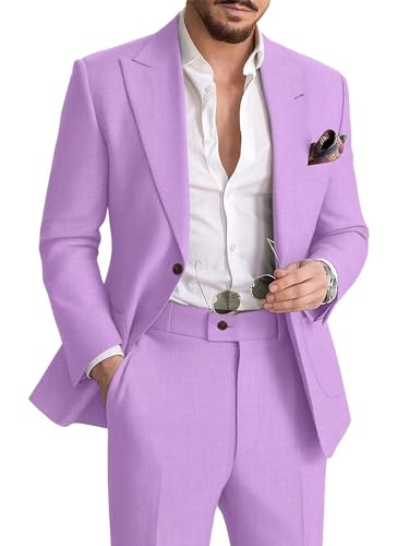 Mens Linen Suit 2 Piece Slim Casual Suits Summer Beach Groom Wedding Suit Tuxedos Prom Party Blazer Jacket Pants Set