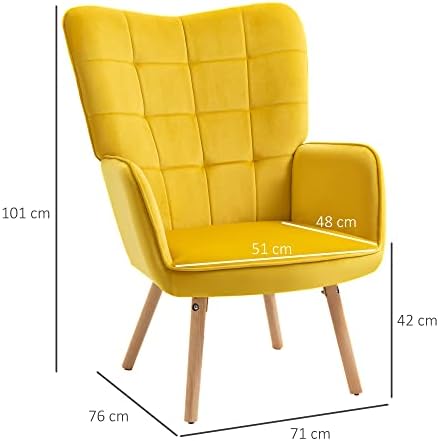 HOMCOM Modern Accent Chair Velvet-Touch Tufted Wingback Armchair Upholstered Leisure Lounge Sofa Club Chair with Wood Legs, Yellow