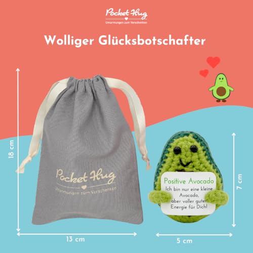 Pocket Hug Positive Avocado · Mutmachergeschenk für Freunde, Familie und Kollegen · Kreative Avocadofigur · Motivationsgeschenk & Glücksbringer deutsch · Handmade Woll-Avocado inkl. Zubehör