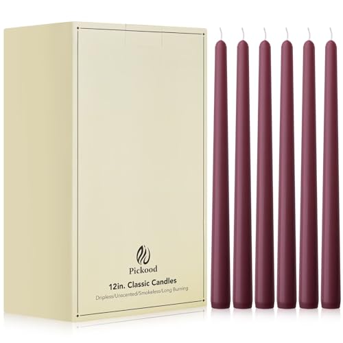Pickood 12-Inch Tall Unscented Dripless Taper Candles Bulk 30 pack - Burgundy Taper Candles Bulk, Perfect for Wedding, Dinner - Smokeless, 8-10 hour Long Burning - Colored Candlesticks Bulk - Burgundy