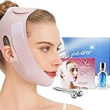 V Line Lifting Mask for Women, Double Chin Strap w/Hyaluronic Acid Serum & 3D Face Roller for Tightening and Firming | Comfortable, Adjustable, and Pressure-Free (Pink, M-L)