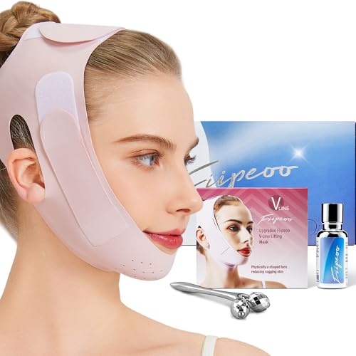 V Line Lifting Mask for Women, Double Chin Strap w/Hyaluronic Acid Serum & 3D Face Roller for Tightening and Firming | Comfortable, Adjustable, and Pressure-Free (Pink, M-L)