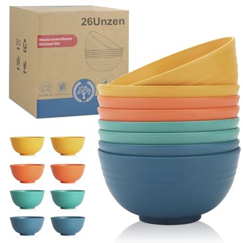Wrova wiederverwendbar Müslischalen 8er Set - 750 ml Plastikschüssel Suppenschalen Spülmaschinen- und Mikrowellengeeignet Schüssel Set - Mehrfarbig