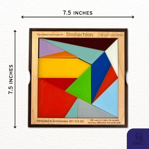 Image of Creative Crafthouse Stomachion Brain Teaser Puzzle for Adults, Archimedes | Acrylic tiles in a solid wood frame and tray. Rebuild the 7.5 inch square or form animals and ships, a math history gift