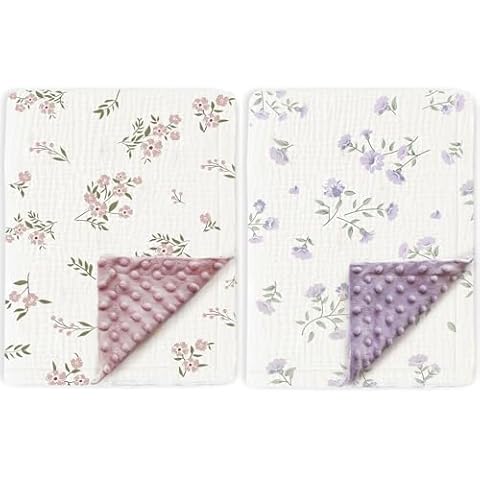 BOPRIO Muslin Baby Blankets for Girls 2 Pack Super Soft Nursery Minky Blankets with Breathable Muslin Cotton Front and 3D Touch Dotted Fleece Backing, Pink Floral Printed Bed Throws Newborn Cover