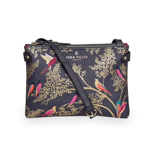 Sara Miller Womens Crossbody Dual Compartment Purse with Zipper Closure Adjustable Straps for Cross Body or Shoulder Bag Smoky Blue Birds