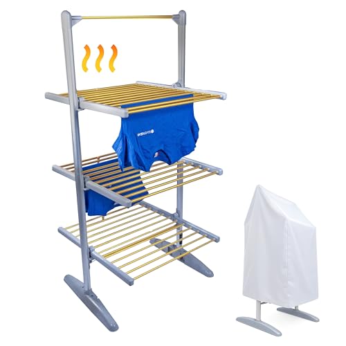 Silvergear® Séchoir à Linge Chauffant Intérieur Premium avec Housse de Protection | Étendoir à Linge 4 Niveaux Pliant | Température Réglable 30-70°C | Séchage Rapide | 147x54x94 CM | Gris