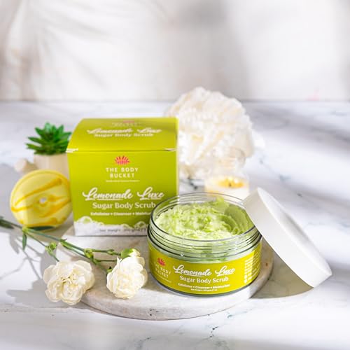 Image of The Body Bucket Lemonade Luxe Sugar Body Scrub- 200g | Included Free Bath Bomb | 3-in-1 Exfoliator, Cleanser, Moisturizer | De-Tan & Brightens Dark Areas| Smooths Strawberry Legs & Arms | Sulfate & Paraben Free
