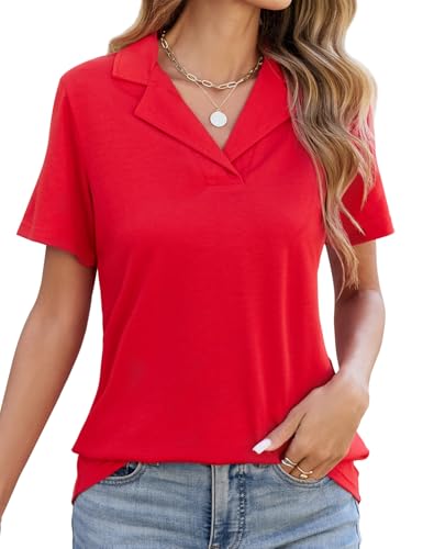Image of HEEKPEK Womens Blouse Summer Polo Shirts Classic Collared V Neck Short Sleeve Shirt Tops Elegant Ladies Basic Business Casual T-Shirts Tunic Tops(Red,S)