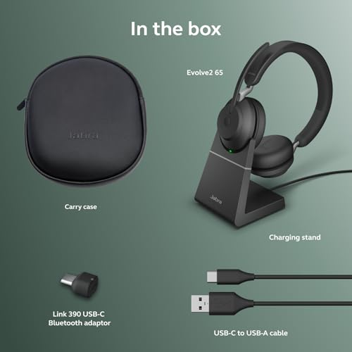 Jabra Evolve2 65 Wireless PC Headset with Charging Stand – Noise Cancelling UC Certified Stereo Headphones With Long-Lasting Battery – USB-C Bluetooth Adapter – Black - 13