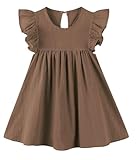 BTGIXSF Baby Girls' Summer Cotton Linen Flutter Sleeve Dress Toddler Beach Sundress 012 Brown 3T