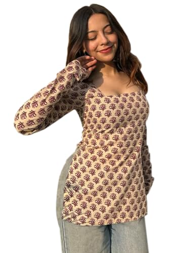 Image of ANNI Designer Short Kurti for Women Printed Design | Square Neck Full Sleeve Kurti Tops for Women | Stylish Kurtis & Short Kurtis for Woman | Casual Kurti with Jeans | Kurtas for Woman